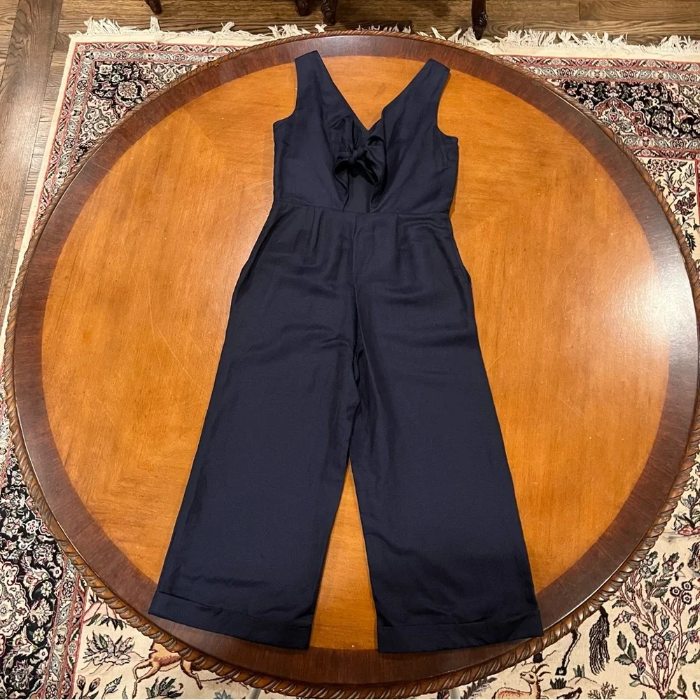 NEW Banana Republic Women’s V-Neck Linen Blend Wide Leg Jumpsuit Navy 00P Petite